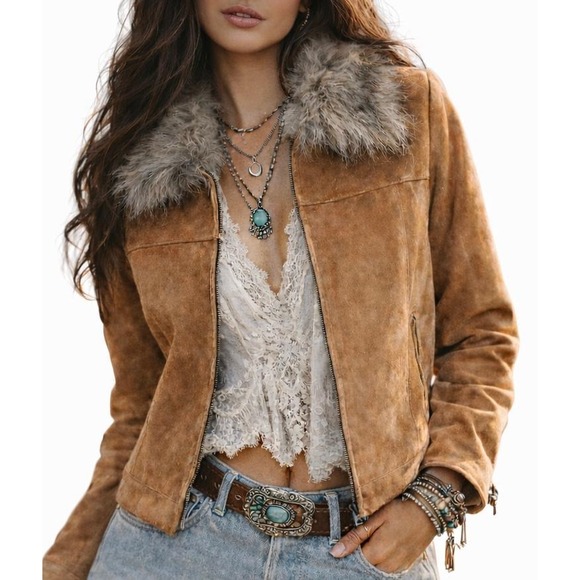 Otherwild Jackets & Blazers - Vtg Fur Collar Suede Leather Camel Brown Jacket Boho Cowgirl Moto Size Small